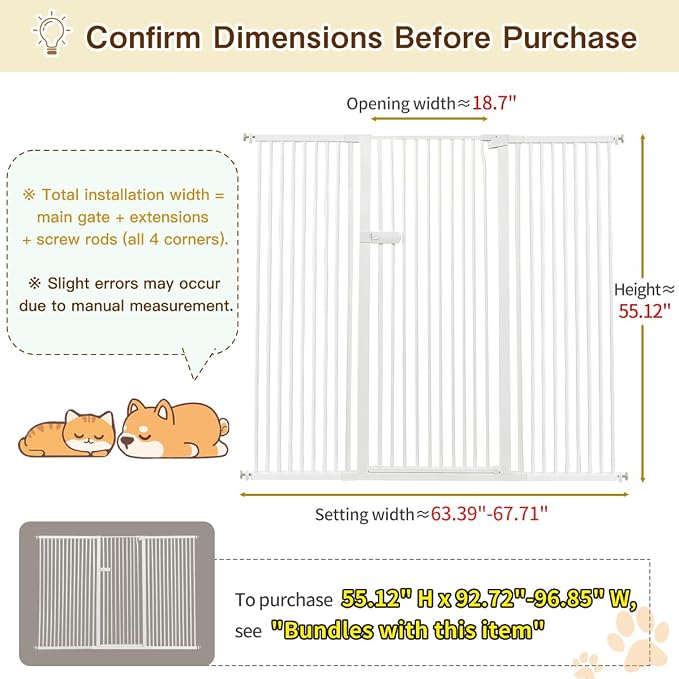 Lumizone Extra Tall Cat Gate 55.12" High 63.39"-67.71" Wide Pet Gate White | Dog Gate for Doorway Hallway Stairs Pressure Mounted Extra Wide 1.37" Gap No Drilling Auto-Close One-Handed Operation