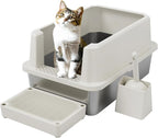 RIZZARI Stainless Litter Box Semi-Closed: Odorless, Large, Easy Clean | High Splash Guard / Non-Stick Steel Pan / 20L Capacity / Raised Step / Fits Any Room / Multi-Cat Use