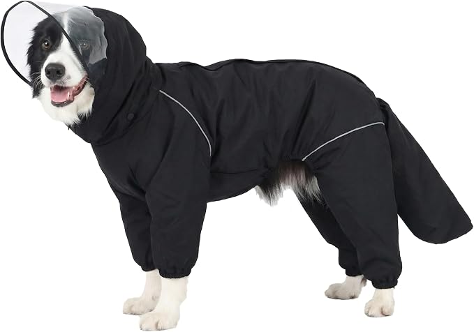 Dog Raincoat for Medium Large Dogs,rain Jacket Coat, Full Leg Coverage Waterproof Rain Suit with Detachable Hood & Tail, Reflective Strips, Snag-Free Top Zipper (Black for Boy, Medium)