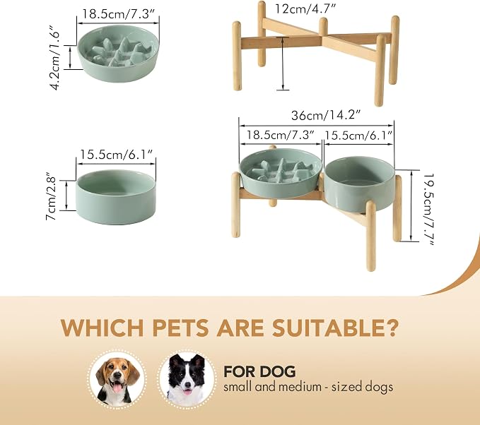 Havniva Elevated Slow Feeder Dog Bowls, Ceramic Dog Bowl Slow Feeder Set | 1.2 Cups Raised Slow Feeding Bowl for Small Breed, 6.1” Dog Water Bowl with Wooden Stand, Puzzle Dog Slow Feeder, Non-slip
