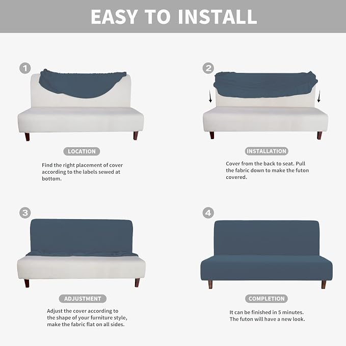 Easy-Going 100% Waterproof Futon Cover, Stretch Futon Slipcover Medium | Dual Waterproof Armless Futon Couch Cover, Leakproof Sofa Bed Furniture Protector for Kids Pets Dog Cat, Bluestone