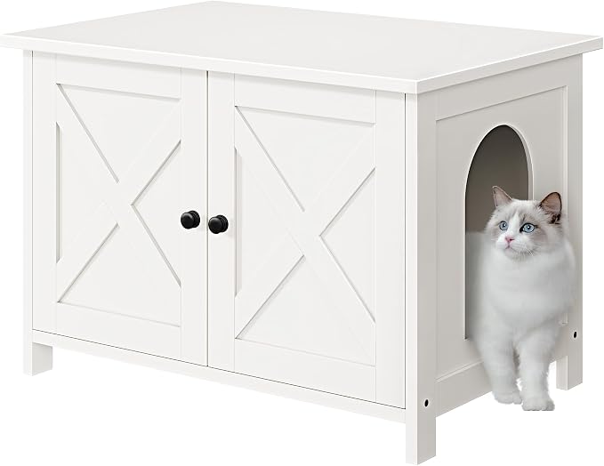 JY QAQA Cat Litter Box Enclosure,Litter Box Furniture Hidden with Barn Door,Wooden Cat Washroom Furniture,Cat House,Fit Most of Litter Box,White