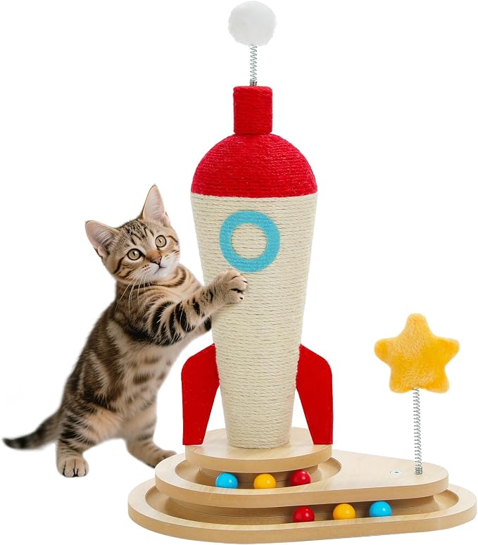 PETEPELA Cat Scratching Post, Rocket Sisal Cat Scratcher, 24.8'' Cute Scratching Post with 2-Layers Wooden Track Cat Toys & Spring Pompom for Indoor Cats Adults | Cute Scratching Post with 2-Layers Wooden Track Cat Toys & Spring Pompom for Indoor Cats ...