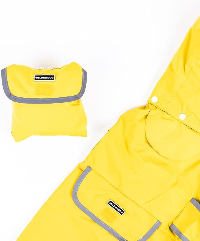 Wilderdog Dog Jacket Waterproof Raincoat with Breathable Interior, Removable Hood, Torso Strap, Secure Closures, Back Pocket and Two Hanging Loops, Foldable into Back Pocket
