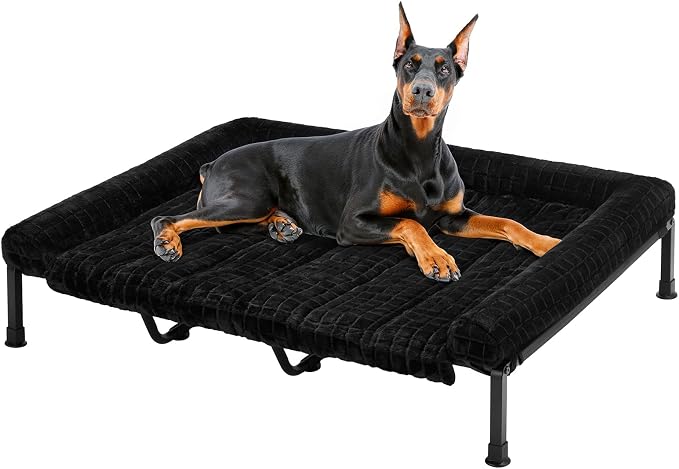 Veehoo Elevated Dog Bed with Fluffy Plush Bolster Cushion, Dog Couch Bed | Cooling Raised Dog Bed for Large Dogs, Washable Orthopedic Pet Cot with Removable Mat, Breathable Mesh, Non-Slip, 59", Black