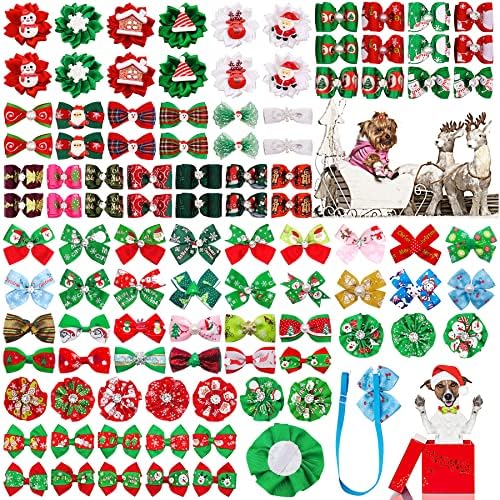 PET SHOW 100pcs/Pack Christmas Small Dog Hair Bows + Dog Bowties + Puppies Collar Flowers Attachment Grooming Set for Holiday Parties Costumes Accessores by PETSHOW