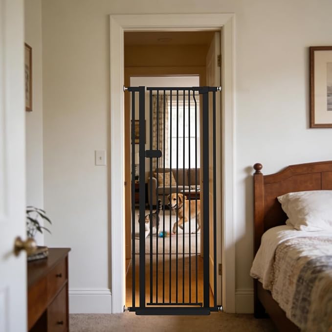 Lumizone Extra Tall Cat Gate 61.02" High 26.18"-29.91" Wide Pet Gate Black | Dog Gate for Doorway Hallway Stairs Pressure Mounted Extra Wide 1.37" Gap No Drilling Auto-Close One-Handed Operation