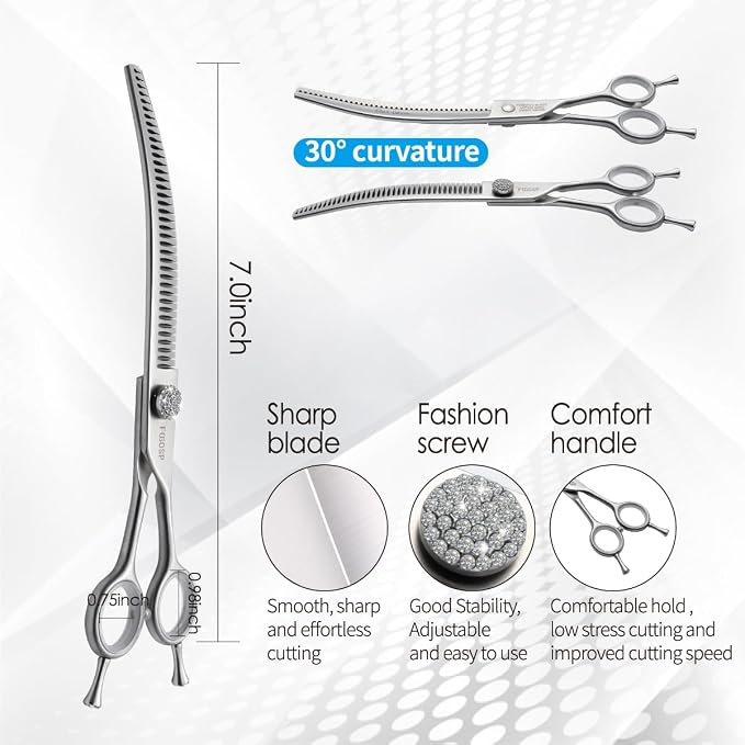 7.0'' Curved Chunkers Shears for Dog Grooming Professional Magic Grooming Scissors with Big Artificial Diamonds 30 Teeth for Large Dogs(7.0 in, Curved Chunkers)