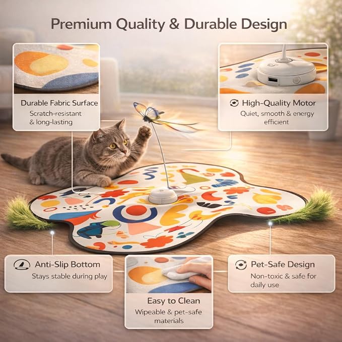 Pet's Var 3-in-1 Interactive Cat Toy for Indoor Cats, Motion Activated Automatic Cat Toy with Moving Feather, Fluttering Butterfly, Mouse Sound, Rechargeable with Bonus Teaser
