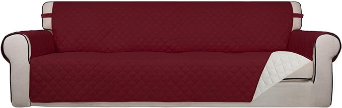 PureFit Reversible Quilted Couch Covers for Dogs Sofa Cover 4 Seater 88" | Red/Ivory, Water Resistant Couch Protector, Washable Pet Couch Cover with Non Slip and Elastic Straps For Kids