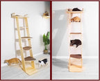 Modern 70“ Tall 6 Level Leaning Cat Climbing Ladder Tree Tower Condo with Large Perch Platform for Window Wall, Solid Wood Cat Furniture Shelves for Multiple Cats