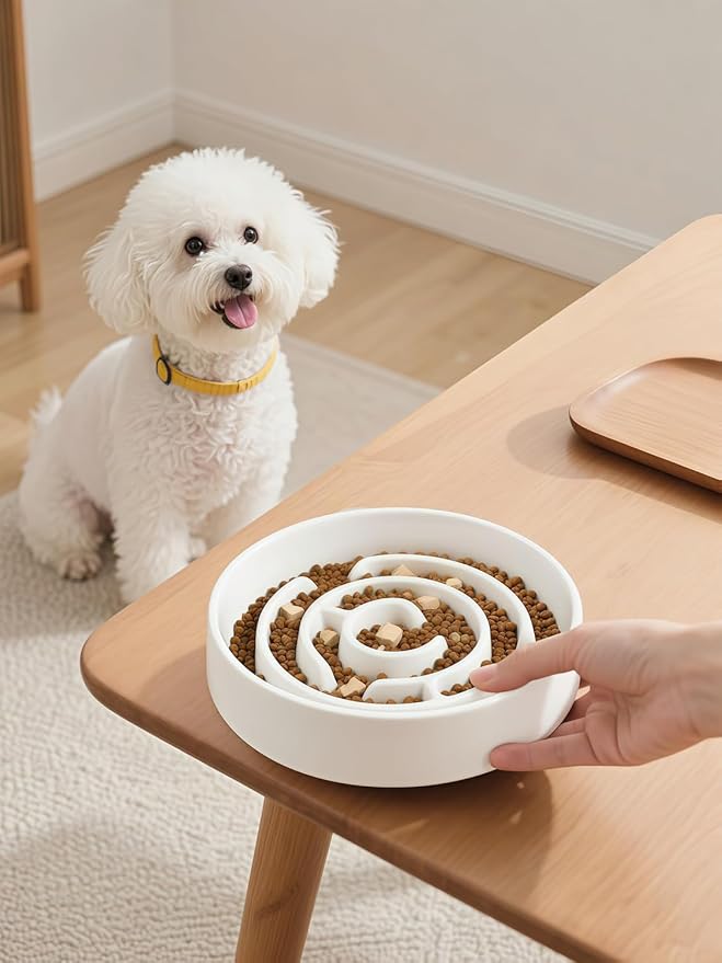 Ceramic Slow Feeder Dog Bowl,1.5 Cups Pet Slow Feeder for Small and Medium Breed,Puzzle Dog Food Dish,Anti-Gulping,Stop Bloat,Preventing Choking(White)