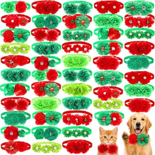 50 Pcs Christmas Dog Bow Bulk for Small Medium Dog Flower Collar Bow by Solsew