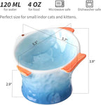Cute Fish Shape Ceramic Elevated Cat Bowl for Food, 2-Pack | Shallow and Tilted Design, Whisker-friendly, Anti-vomiting, Non-slip base, Ideal for Wet Food, Kittens & Treats, Green & Blue