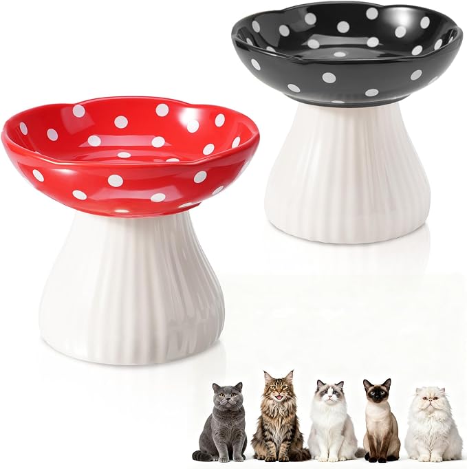 Mushroom Cat Bowl,Whisker Fatigue Cat Bowl,Cute Cat Bowls,Elevated Cat Food Bowl, Lead & Cadmium Free Ceramic Cat Bowls for Food and Water. (Red+Black)