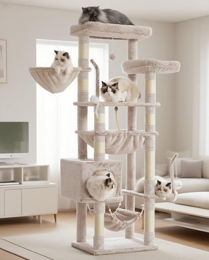 Gitelsnour Cat Tree, 63'' Cat Tower for Large Cats, Big Hammock GCT020MU | Cat Condo, Cat Scratching Posts for Indoor Adult Cats, 4 Platforms（ 2 Big 2 Small）, 2 Baskets, Sisal Rope, 4 Toys, Mushroom