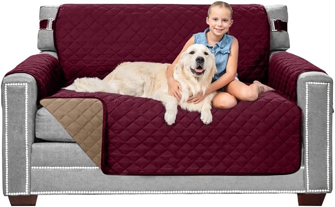Sofa Shield® Couch Loveseat Covers for Dogs, Reversible Furniture Protector with Strap, Stain and Tear Resistant Cushion Cover, 54 inch Seat, Machine Washable Slipcover Pets, Cats, Burgundy Tan