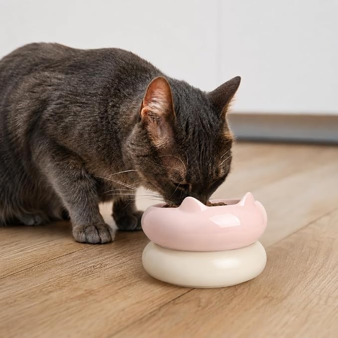 Cat Bowls, Ceramic Cat Bowls Food and Water Bowl Set, Whisker Friendly Cute Kitten Food Bowls for Protecting Pet's Spine, Perfect for Dry & Wet Food, Pink & Beige