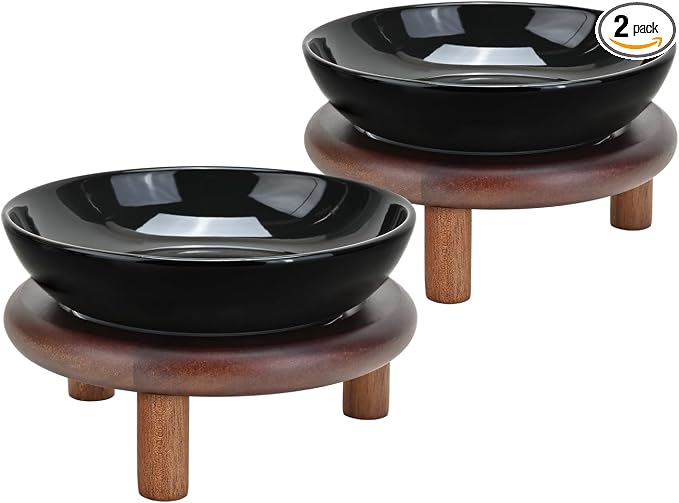 SPUNKYJUNKY Extra Wide Elevated Ceramic Cat Bowl with Acacia Wood Stand Whisker Friendly (Cat Paw Pattern, 2 Pack, Black)