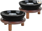 SPUNKYJUNKY Extra Wide Elevated Ceramic Cat Bowl with Acacia Wood Stand Whisker Friendly (Cat Paw Pattern, 2 Pack, Black)