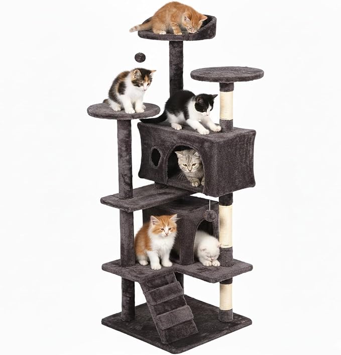 FDW | 54" Cat Tree Tower | Purple Gray | Multi-Level Indoor Activity Center with Sisal Scratching Posts, Condos, Plush Perches, Hanging Cat Toys | Sturdy, Easy to Assemble | for Kittens & Adult Cats