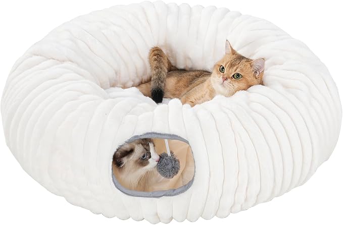 Avont Cat Tunnel Bed for Indoor Cats, Beige | Cat Donut Tunnel Toys | Folds Into a Cozy Bed | 3 Shapes: Donut, C, S | 9.8in Large Cats | 2 Peek Holes & 2 Toy Balls