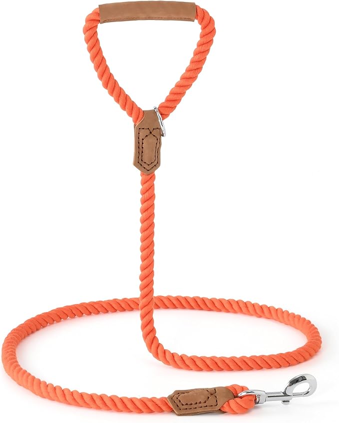 Mile High Life Dog Leash Braided Cotton Rope w/Leather-Wrapped Ends/Handle | Rust-proof 360° swivel clasp, Heavy-duty for medium/large breeds. Great for weddings, daily walks (4 FT, 1/2", Orange)