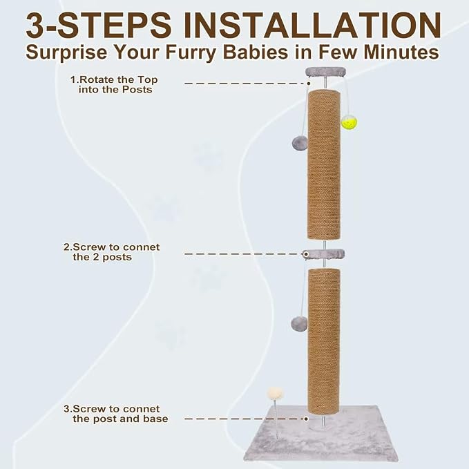 Tall Cat Scratching Post 36 inch Large Cat Scratch Post for Indoor Cats with Durable Natural Sisal Rope Scratcher Post Tree Kitten Interactive Toy-Gray