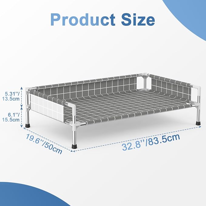 Elevated Dog Bed with Guardrail, Raised Pet Bed for Small Medium Dogs | Rust-resistant stainless steel frame with safety fence & soft cotton fabric. Anti-slip feet for secure indoor and outdoor use