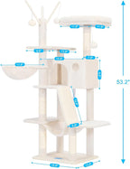 Hey-brother Cat Tree Tower with Padded Platform Bed, Hammock, MPJ019-SM | 53 Inches Cat House with Large Cozy Condo, Toy Balls and Sisal Scratching Posts for Indoor Multi-Cats, Beige
