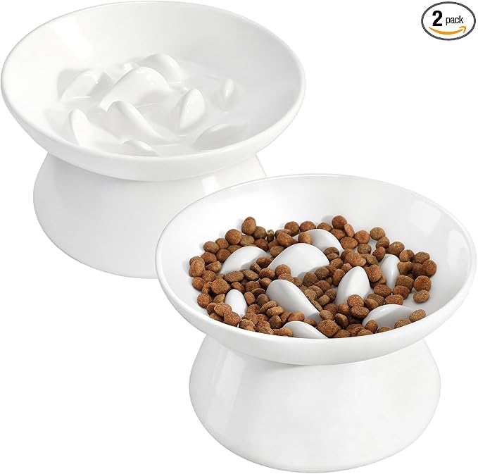 PETTOM Slow Feeder Cat Bowl, 2 Pack Ceramic Raised Tilted Cat Slow Feeder Bowl Elevated Puzzle Anti Vomiting for Dry and Wet Food Whisker Friendly for Kitty Puppy, White