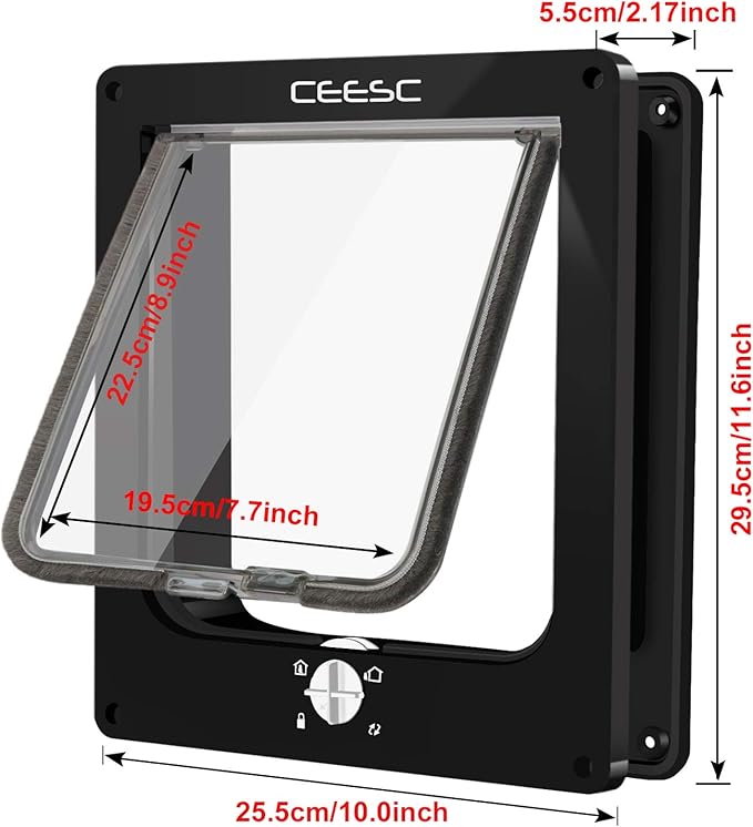 CEESC X-Large Cat Door for Interior/Exterior, for Pets <24.8", Black | Rotary 4-Way Lock, Weatherproof, Fits doors 1.26-2.14", Adjustable tunnel depth, Upgraded version