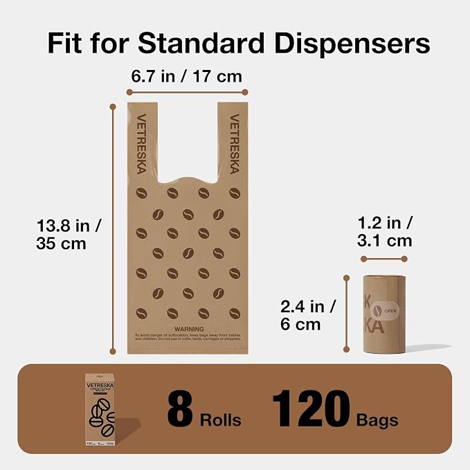 VETRESKA Dog Poop Bags with Handles 120 Count, Coffee Scented Waste Bags | Leak-Proof Thick Dog Bags for Poop, Easy-Tie Large Poop Bags, 8 Refill Rolls for Dog Walking Cat Litter