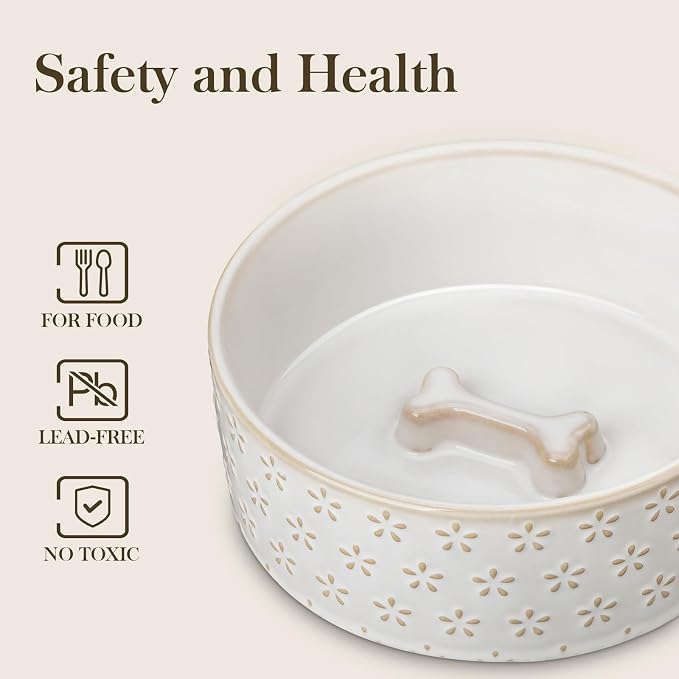 MALACASA Ceramic Dog Food Bowl, Water Dish for Medium Breeds, 3.5 Cups | Five-Leaf Grass Pattern, ceramic pet bowl, food and water dish, dishwasher and microwave safe, for medium dogs