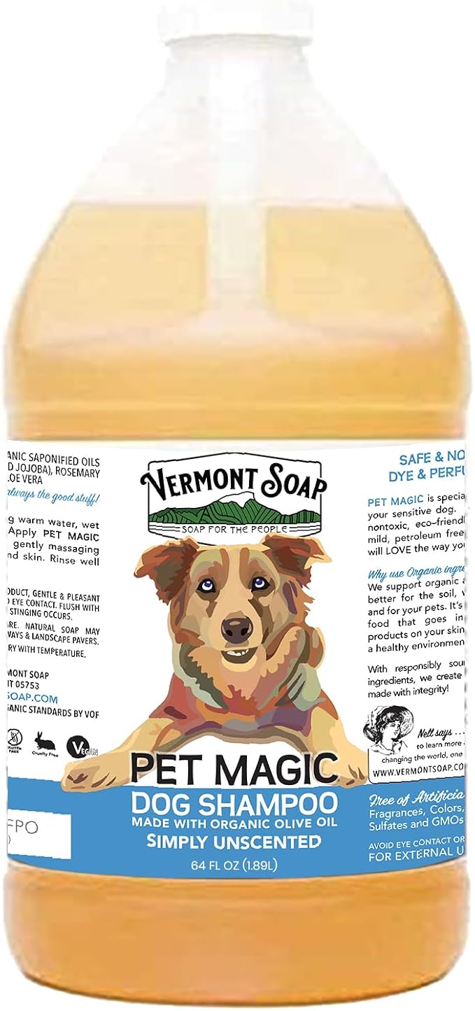 VERMONT SOAP Organic Pet Shampoo, Unscented Natural Dog Shampoo, 64 oz | Unscented organic olive oil, coconut & aloe vera, sensitive skin care, USDA Certified grooming, fragrance free, dog shampoo