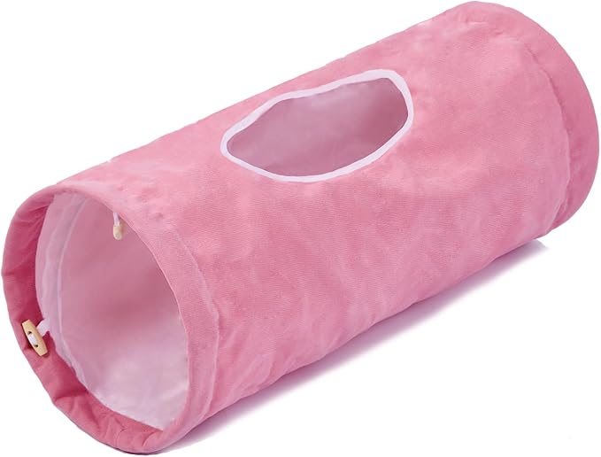 Cat Tunnel, Large Indoor Durable Collapsible Interactive Cat Tube with Peek-A-Boo Hole, Hanging Toys, and Crinkly Paper Lining - Cute Tunnel for Cats, Kittens, Puppies & Rabbits, Pink