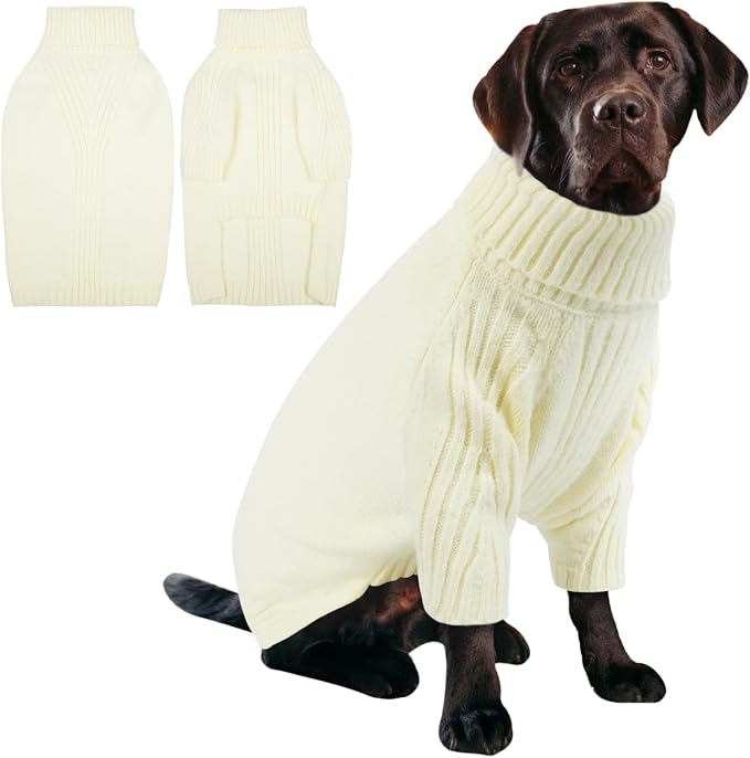 IECOii XXL Dog Sweater,Thermal Knit Big Dog Sweater with Sleeve,Pet Turtleneck Doggy Sweatshirt for Extra Large Dogs Boy Girl,Stretchy Large Dogs Cold Weather Outfit Pitbull Clothes,(White,XXL)