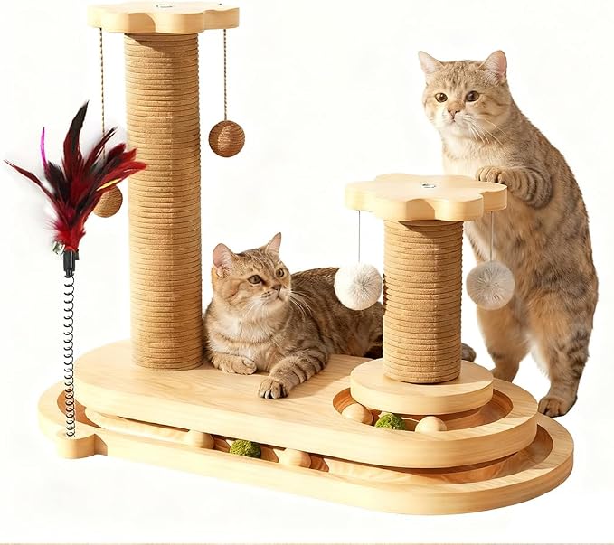 Cat Scratching Post, Sisal Cat Scratcher Post - 4-in-1 Cat Solid Wood Activity Center | Indoor Interactive Cat Toy with Trackball (Rolling), Feather Teaser, Hanging Balls & Natural Catnip Ball