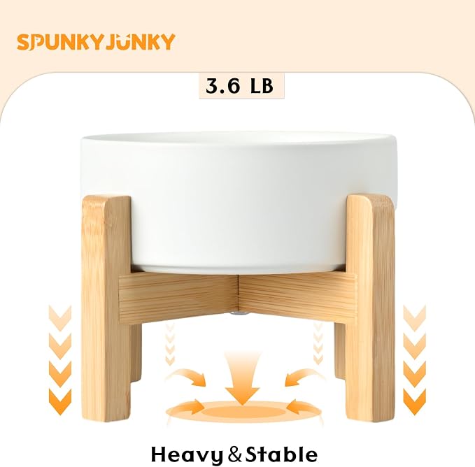 SPUNKYJUNKY Ceramic Elevated Dog Bowls 2 Pack - 8.3inch Raised Dog Bowls with Non-Slip Wooden Stand for Large Dogs Dishwasher Safe(White,60OZ*2)