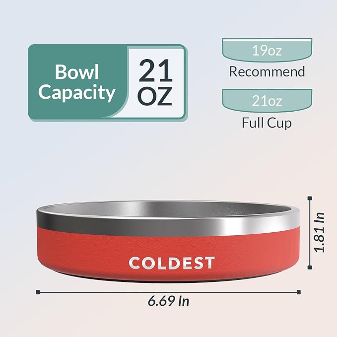 Coldest Dog Bowl - Anti Rust Metal, Non Slip, 3 Layers Insulated Stainless Steel Dog Bowls - Spill Proof & Heavy Duty - Water Bowl for Dogs, Cats & Pets, Dish Washer Safe (21 oz, Red)
