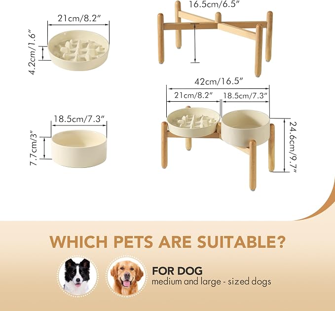 Havniva Elevated Slow Feeder Dog Bowls, Ceramic Dog Bowl Slow Feeder Set | 1.6 Cups Raised Slow Feeding Bowl for Medium Breed, 7.3” Dog Water Bowl with Wooden Stand, Puzzle Dog Slow Feeder, Non-slip