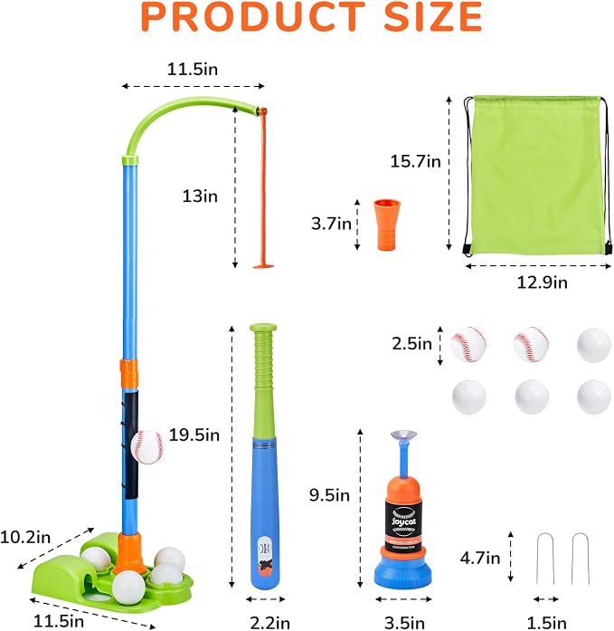 JoyCat 3-in-1 T Ball Set for Kids 3-5,Toddler Baseball Set-T Ball Stand,Hanging Tee,Auto Launcher,6 Balls-Adjustable Height Sports&Outdoor/Indoor Toys for 3 4 5 6 7 8 Year Old Boy Girl Birthday Gift | Adjustable stand switches among tee, hanging-ball a...