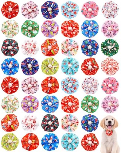 PET SHOW 50 Pack Christmas Dog Collar Flowers and Bows Bulk Random Assorted Xmas Small Medium Large Dogs Girl Boy Cats Attachments Slide on Collars Harness Pet Costume Grooming Accessories by PETSHOW