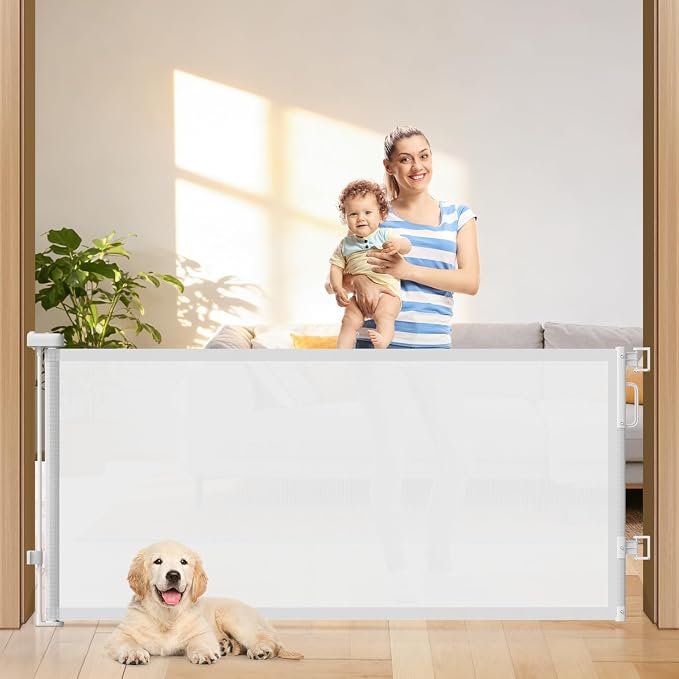 78" Retractable Extra Wide Baby Gates for Stairs, Long Mesh Dog Gate | Indoor Outdoor Pet Gate for Large Openings, Ideal for Doorways Hallways Kitchens Decks & Porches, 34" Height, White
