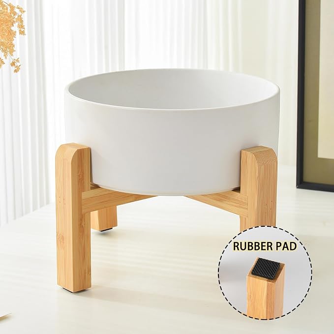 6'' Ceramic Raised Dog Bowl - 30Oz Dog Food & Water Bowl with Elevated Non-Slip Bamboo Stand, Dishwasher & Microwave Safe, Anti Vomiting Heavy Duty Pet Bowl for Small and Medium Dogs, Pink