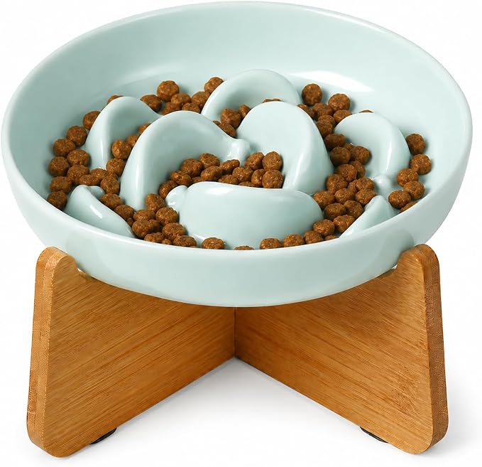 Elevated Slow Feeder Cat Bowl - Melamine Cat Food Plate with Anti-Slip Bamboo Stand - Whisker Friendly Feeding Bowl - Raised Maze Dish for Slow Eating - Pale Blue