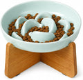 Elevated Slow Feeder Cat Bowl - Melamine Cat Food Plate with Anti-Slip Bamboo Stand - Whisker Friendly Feeding Bowl - Raised Maze Dish for Slow Eating - Pale Blue