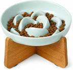 Elevated Slow Feeder Cat Bowl - Melamine Cat Food Plate with Anti-Slip Bamboo Stand - Whisker Friendly Feeding Bowl - Raised Maze Dish for Slow Eating - Pale Blue