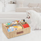 Bratod Dog Storage Organizer Wicker Basket,Dog Treat Container Bin for Countertop,Pet Treats Box with Dividers,Dog Cat Can Food Storage Bin,Pet Treat Station-Natural Woven Seagrass