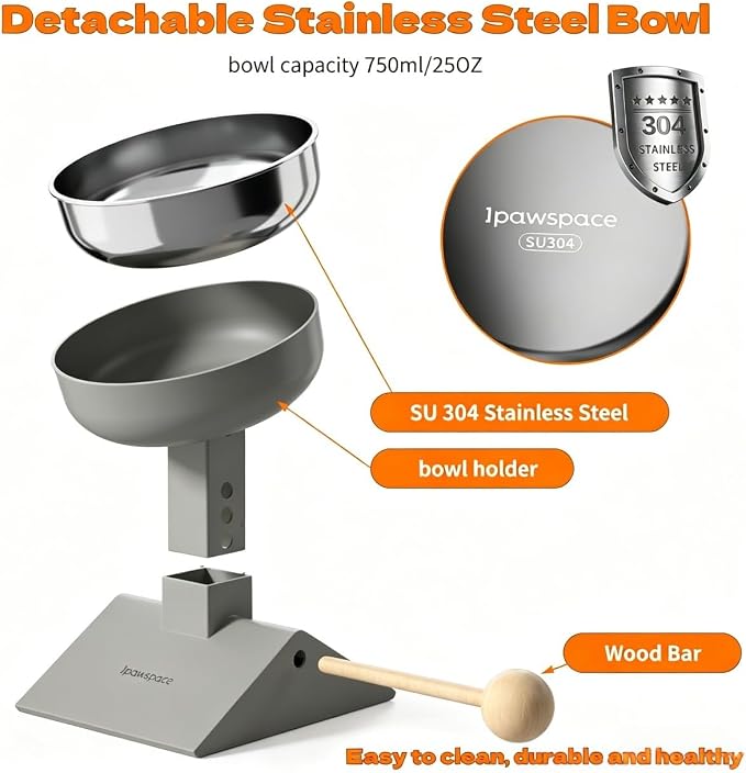 Raised Cat Bowl,Elevated Cat Bowl Stand with 3-Level Height,Grey | 25 OZ Large Capacity,304 Stainless Steel,5.6''/6.2''/6.8'' Height Elevated,0-17.5° tilt Neck-Friendly,Cats and Puppy